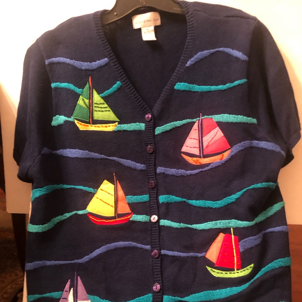 Navy blue short sleeve beaded button up sweater
